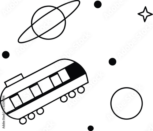space train traveling through planets illustration on transparent background
