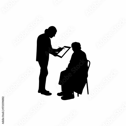 Silhouette of a volunteer assisting an elderly person with writing isolated on white background