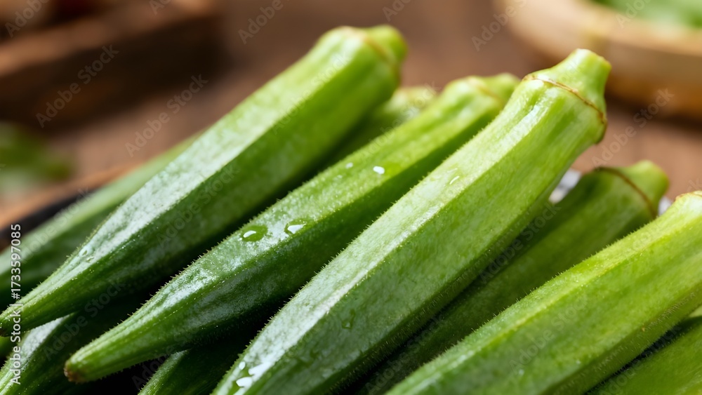 Obraz premium Organic Green Okra Vegetable against a Background