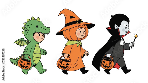 Halloween Parade: A trio of playfully dressed children in Halloween costumes, merrily parading along in vibrant costumes, clutching their treat bags, embodying the innocent joy of the season.