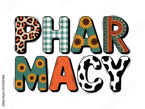 Pharmacy text with diverse patterns and sunflowers