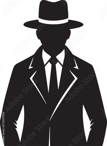 Mafia Man Silhouette in Suit and Hat Gangster Character Vector Icon