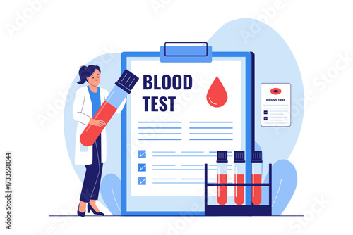 Illustration of Blood Test and Medical Analysis. Doctor Reviewing Lab Results on a Clipboard with Test Tubes and Blood Droplets