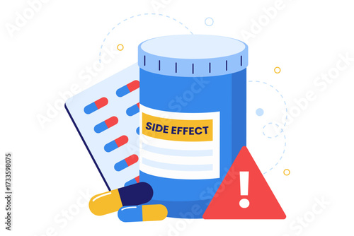 Illustration of Medication Side Effects and Drug Warning. Pill Bottle with a Caution Sign for Adverse Reactions and Health Risks