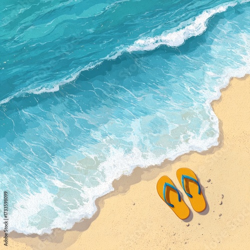 A pair of yellow flip-flops resting on the shore with ocean waves gently washing over the sand. A calming coastal scene perfect for relaxation