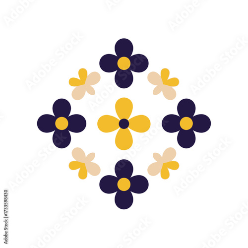 Stylized floral pattern with navy blue, yellow, and beige flowers arranged in a diamond shape on a white background.