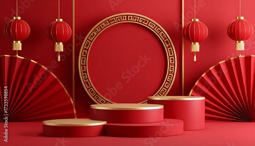 Festive Lunar New Year Stage with Lanterns with Fans, and and Podium on Red.
