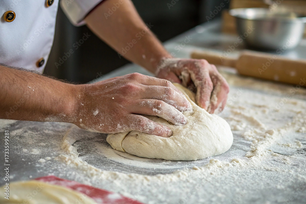 Fototapeta premium Chef or Baker Kneading Bread Dough on a Floured Kitchen Counter