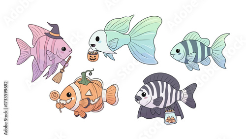 Spooky Fish Halloween Fantasy:  A whimsical illustration of several enchanting fish with distinctive designs, each dressed up for Halloween, showcasing playful creativity.