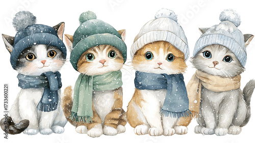Four adorable watercolor cats in cozy winter hats and scarves festive holiday decoration clipart cute kitten illustration for christmas cards posters stickers and seasonal design on white background