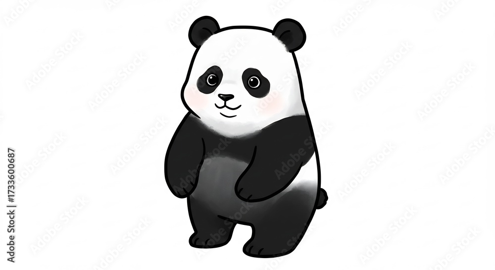 Naklejka premium 白い余白を活かしたミニマルな背景に佇む愛らしいパンダのイラスト柔らかなタッチで描かれたふわふわの毛並みとほんのり赤らんだ頬と優しい表情が特徴で見る人の心を和ませるデジタルアート作品. AI Generated