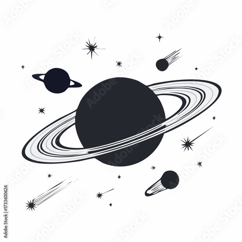 Striking black silhouette of a colossal ringed gas giant planet with celestial orbit trails distant moons and streaks of shooting stars across the cosmos