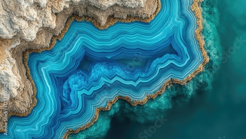 Abstract turquoise rings meet sandy beige, aerial view