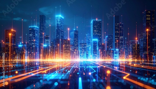 Futuristic Cityscape Glowing Network Lines Connect Buildings at Night  Data Visualization.