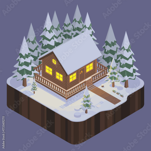 Isometric Log Cabin in a Snowy Forest with Warm Lights and Deck house winter