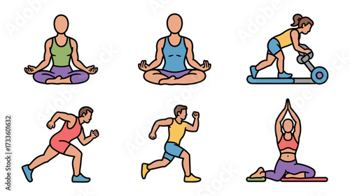 Vector art of different fitness activities, promoting a healthy lifestyle through yoga, running, and other exercises