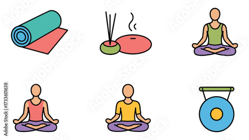 Vector art of various yoga and meditation elements, promoting relaxation, mindfulness, and physical wellbeing through exercise