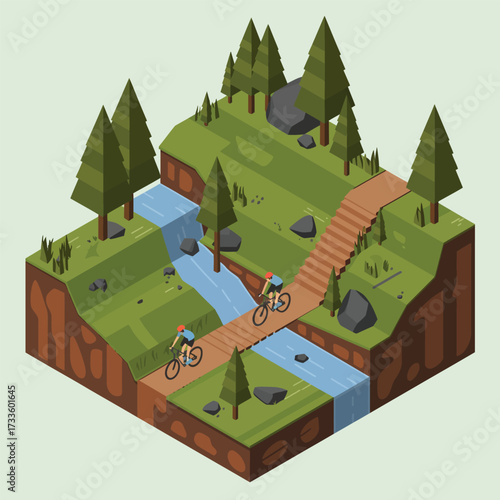 Isometric Mountain Biking Trail with Cyclists and River graphic design