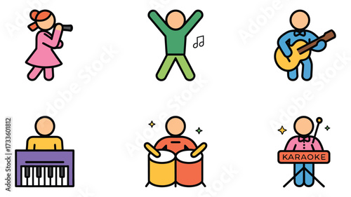 Vector art of collection of music and performance icons includes singer, dancer, guitarist, pianist, drummer, and more