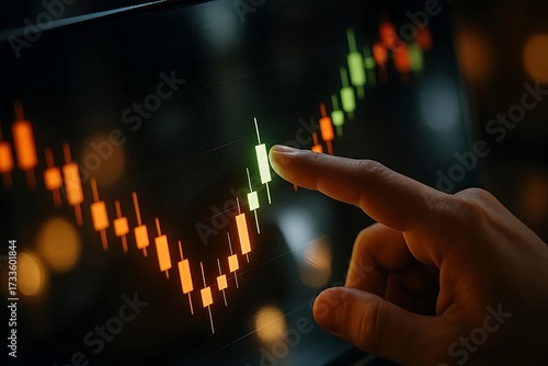 Dynamic financial chart analysis showing growth potential with investor finger touching screen