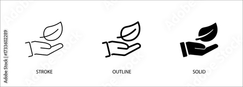 Hand with leaf icon for environment, nature. Editable vector stroke icon, outline and solid. Eps10 file.