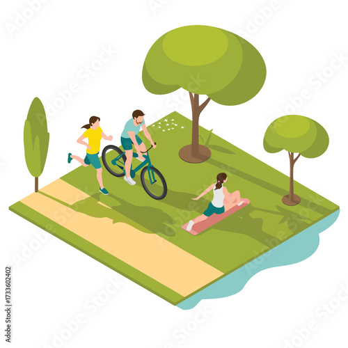 Isometric park scene with people cycling, jogging, and doing yoga on a mat bicycle