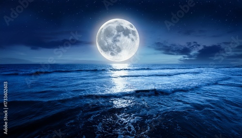 A Full Moon Illuminates The Ocean Waves At Night Creating A Serene And Magical Seascape With A Beautiful Reflection