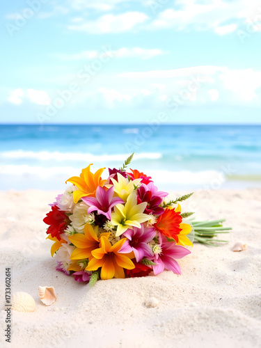 A beautiful bouquet of colorful flowers lies on the sand against the backdrop of an ocean and blue sky, with seashells scattered around it.