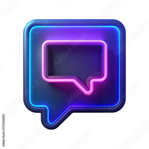 High quality photo of a glowing neon speech bubble icon with purple and blue illumination isolated on transparent background