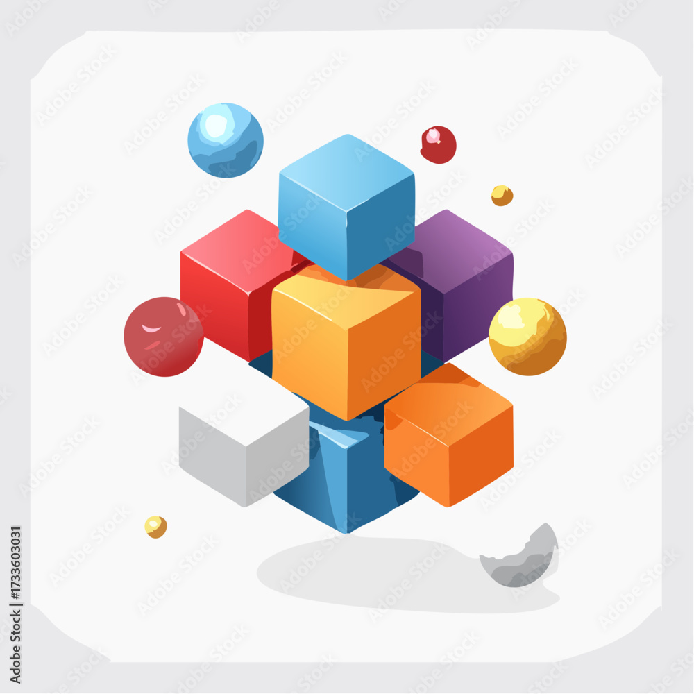 Obraz premium Isometric illustration of colorful cubes and spheres floating around a central structure.
