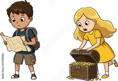 Cartoon kids holding compass and treasure map, boy and girl exploring, adventure, navigation, discovery, search, childhood fun, vector illustration

.