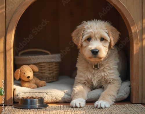 Cozy dog house interior with wooden walls, a soft bed, toy basket, and food bowls on a small rug Generative AI