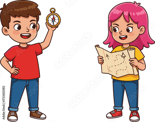 Cartoon kids holding compass and treasure map, boy and girl exploring, adventure, navigation, discovery, search, childhood fun, vector illustration

.