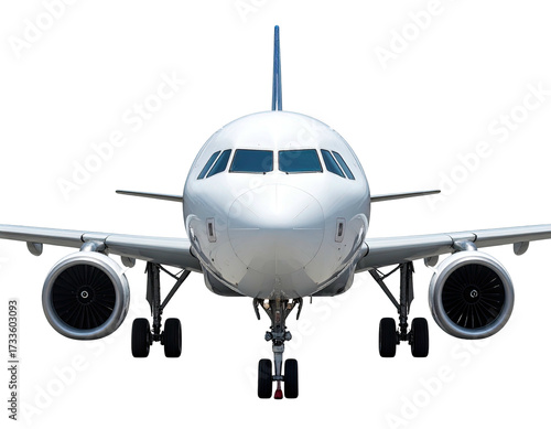 A white jet airliner, head-on view, with a clear focus on the cockpit and engines