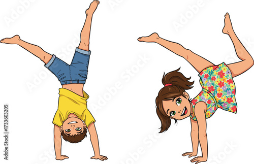 Happy cartoon children doing handstands and cartwheels, boy and girl upside down, gymnastics, exercise, balance, fitness, childhood fun, vector illustration