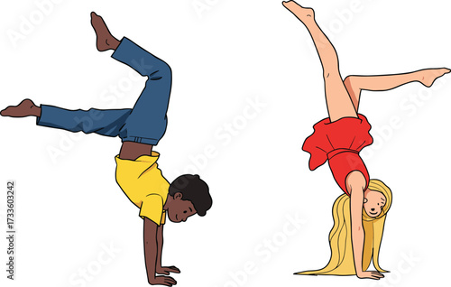 Happy cartoon children doing handstands and cartwheels, boy and girl upside down, gymnastics, exercise, balance, fitness, childhood fun, vector illustration.