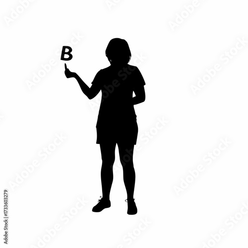 Silhouette of a volunteer teaching english letters to adults isolated on white background