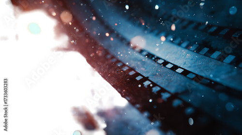 Abstract cinematic still with dark shadow figure and film reel elements.