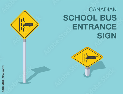 Traffic regulation rules. Isolated canadian "school bus entrance" road sign. Front and top view. Flat vector illustration template.
