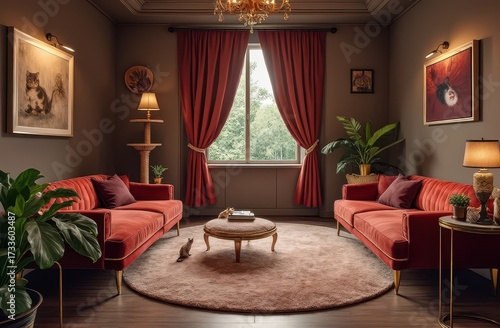 Luxury cat suite with velvet sofas, gold-accented cat trees, and plush bedding Generative AI