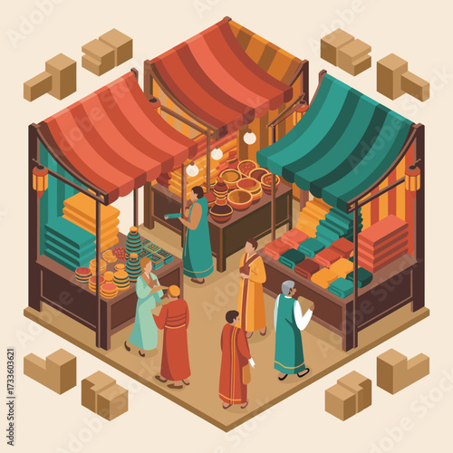 Isometric view of a bustling marketplace with vendors and shoppers bazaar shopping