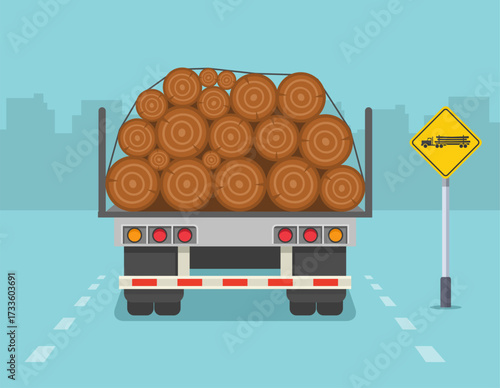 Driving tips and traffic regulation rules. "Watch for logging trucks" road sign area. Isolated back view of a loaded logging truck. Flat vector illustration template.