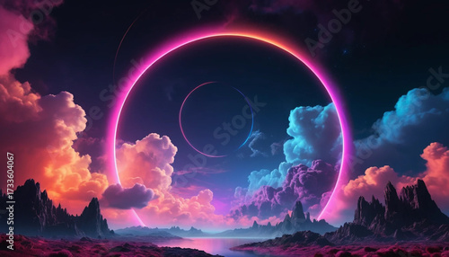 Vibrant neon ring portal hovering over a surreal landscape with colorful clouds and mountains