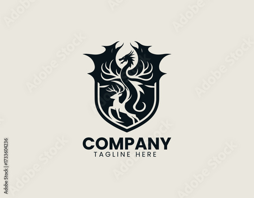 Dragon Deer Shield vector logo illustration