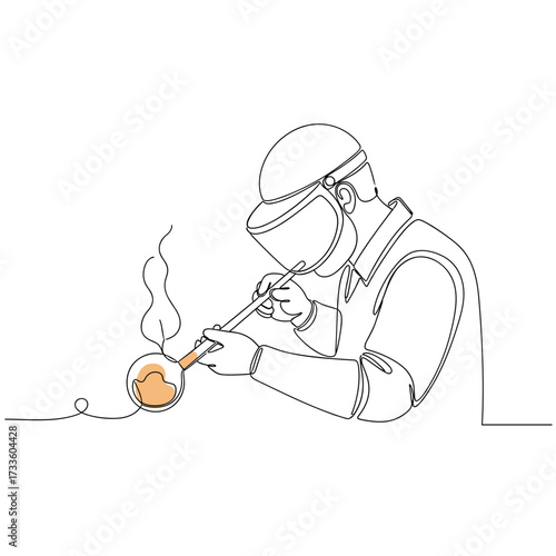 Man melting metal in crucible in minimalist line art style