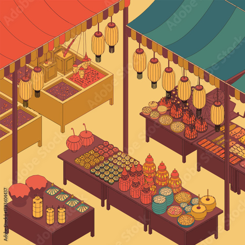 Isometric view of a vibrant Asian street food market with stalls and lanterns graphic