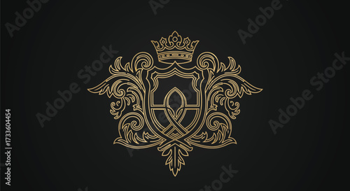 Gold heraldic crest royal crown luxury elegant logo design vector illustration on black background