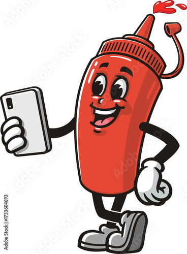 Cartoon mascot of a ketchup bottle holding a gadget or smartphone
