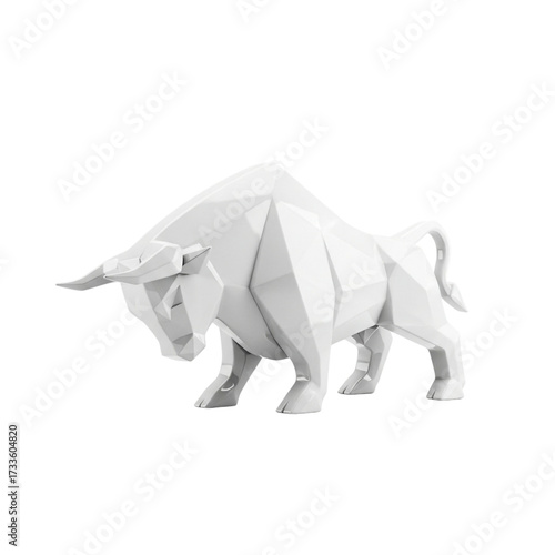 Geometric white bull sculpture with sharp angles and defined musculature isolated on transparent background