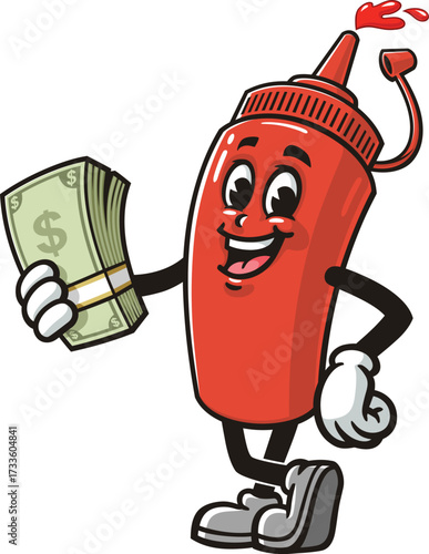 Cartoon mascot of a ketchup bottle holding cash